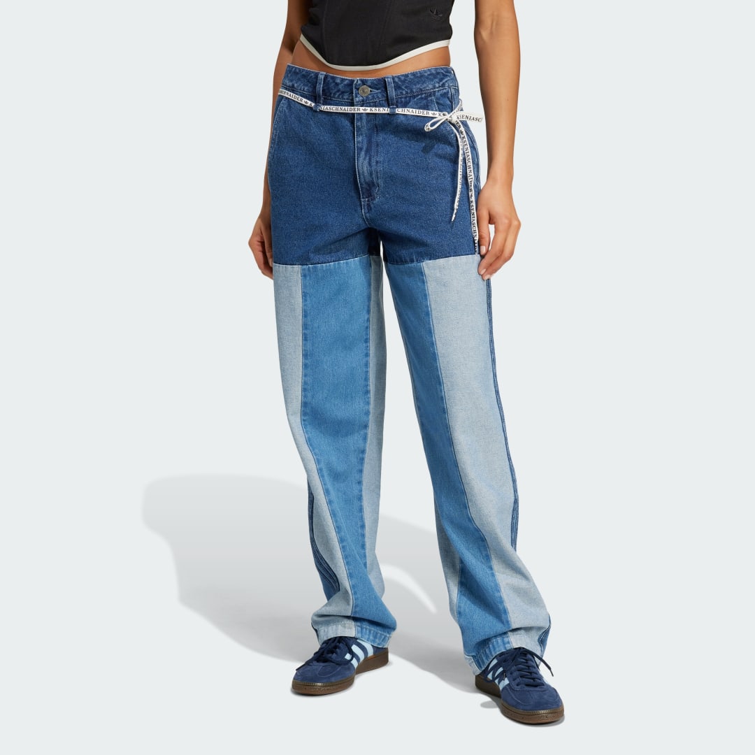 adidas Kseniaschnaider Patchwork Straight Leg Jeans Lifestyle 29" Women Indigo Denim / Medium Blue Denim / Light Denim