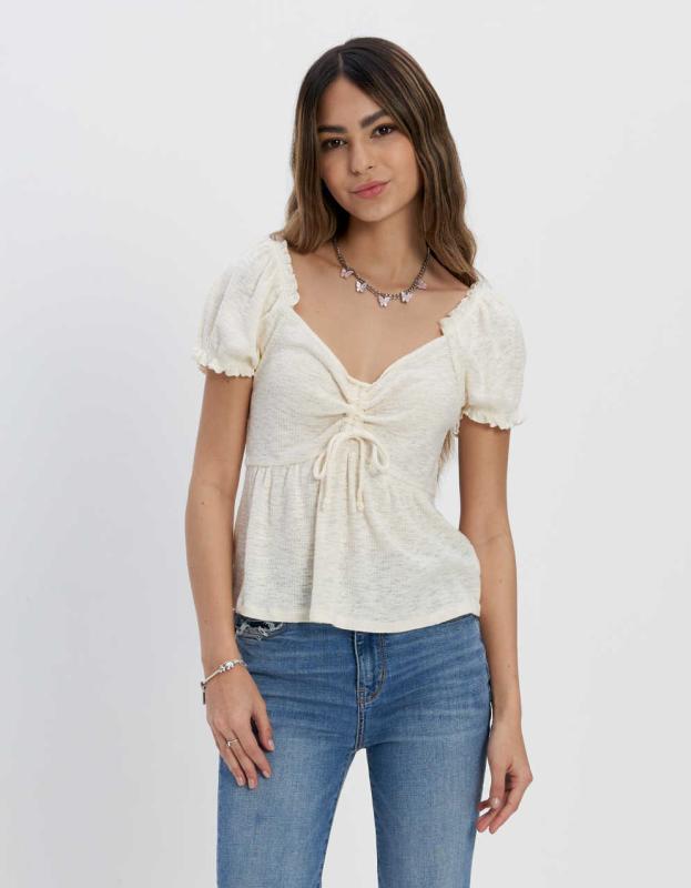 AE Puff-Sleeve Cinch-Front Tee - Cream, M 