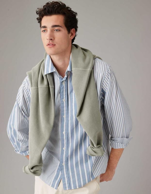 AE Everyday Poplin Striped Button-Up Shirt - Horizon Sky, M 