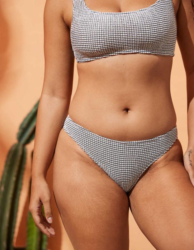 Aerie Lurex Crinkle Full Coverage Bikini Bottom - White, M 