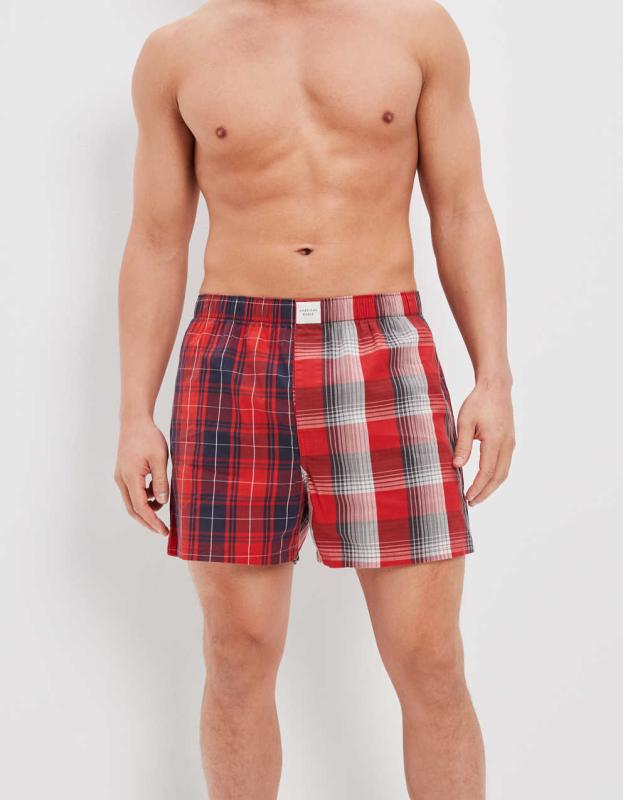 AEO Mixed Plaid Stretch Boxer Short - Red, XS 
