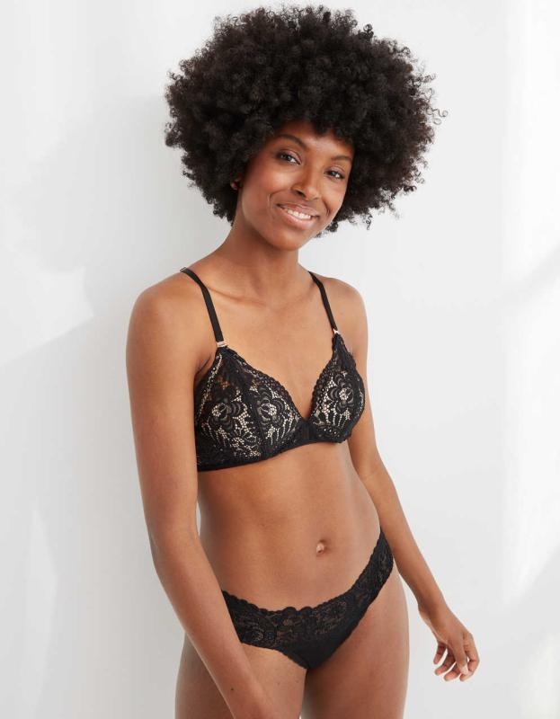 Aerie Real Power Wireless Push Up Far Out Lace Bra - Black, 70C 