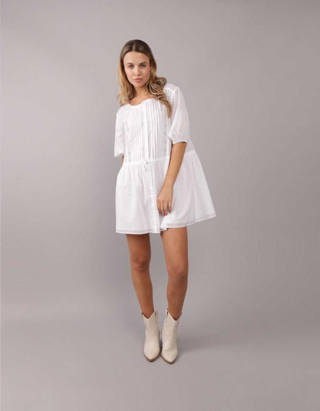 AE Button Front Tie Waist Mini Dress - White, L 