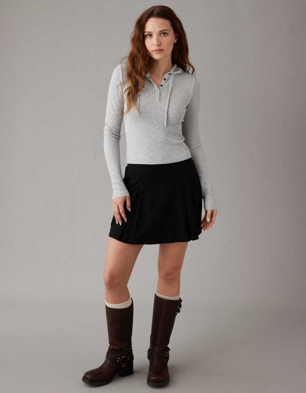 AE Waffle Henley Hoodie - Heather Gray, XXS 