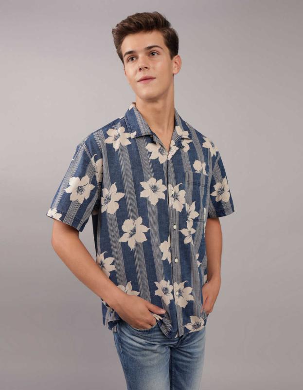 AE Printed Button-Up Poolside Shirt - Blue, S 