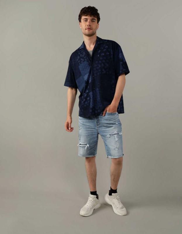 AE Button-Up Knit Shirt - Deep Navy, M 