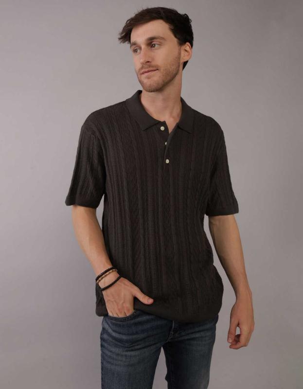 AE Textured Sweater Polo Shirt - Grey, L 
