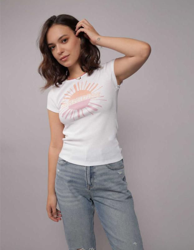 AE Hey Baby Graphic Tee - White, S 