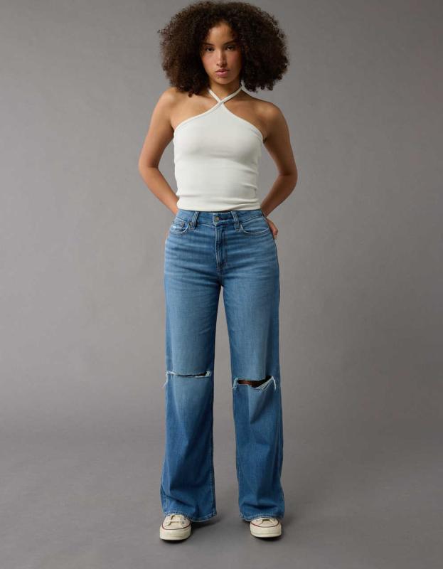 AE Dreamy Drape Stretch Curvy Super High-Waisted Baggy Wide-Leg Jean - Bluejay, 10 