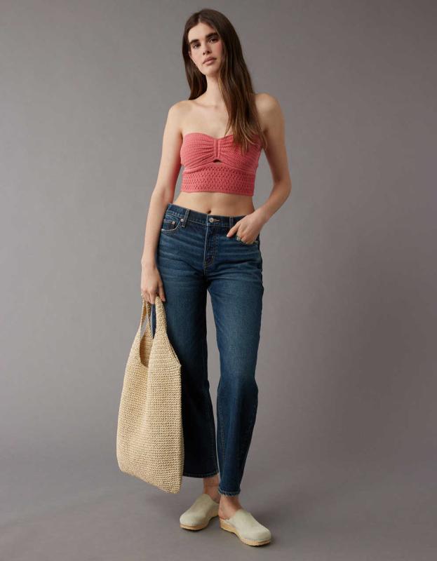 AE Cinch Front Crochet Tube Top - Coral, S 