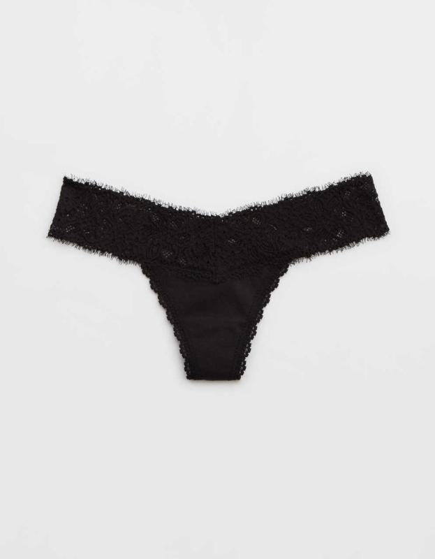 Superchill Cotton Eyelash Lace Thong Underwear - True Black, M 