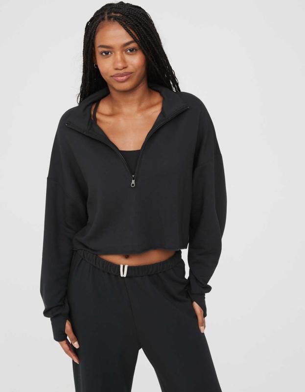 OFFLINE By Aerie OTT Fleece Quarter Zip Sweatshirt - True Black, S 