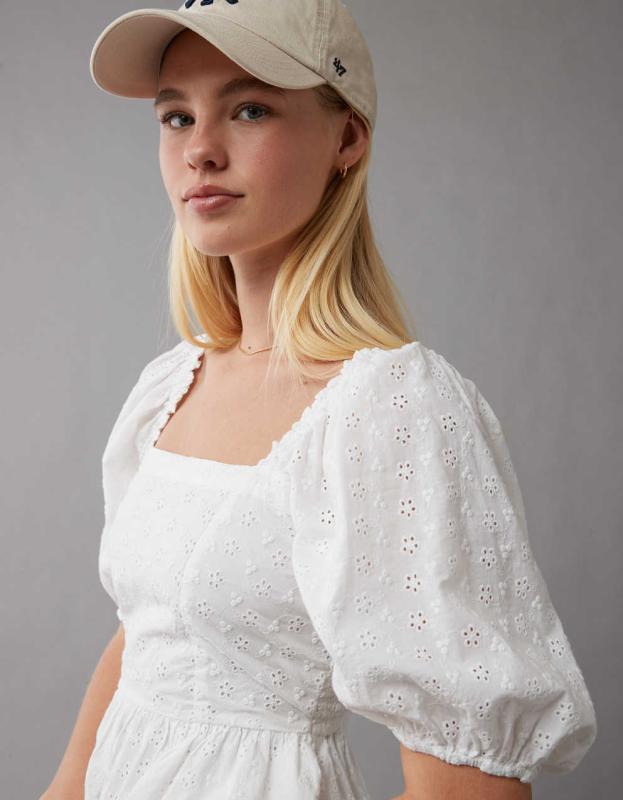 AE Puff Sleeve Mini Dress - White, M 