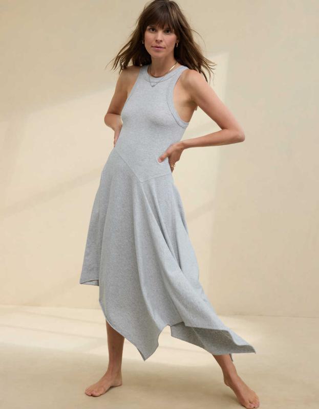 Aerie Tank Asymmetric Midi Dress - Medium Heather Gray, M 