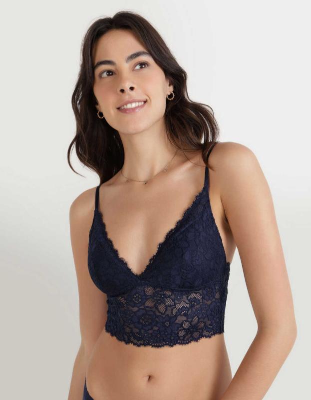 Show Off Eyelash Lace Padded Push Up Triangle Bralette - Navy, XS 