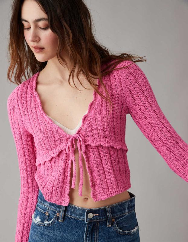 AE Crochet Tie-Front Cardigan - Pink, XL 