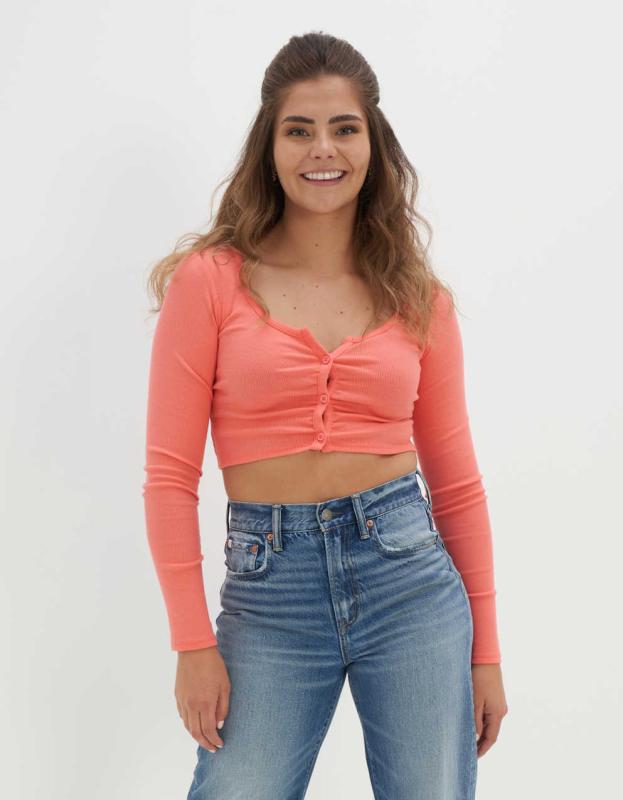 AE Long-Sleeve Button-Up Cinch Tee - Coral, L 