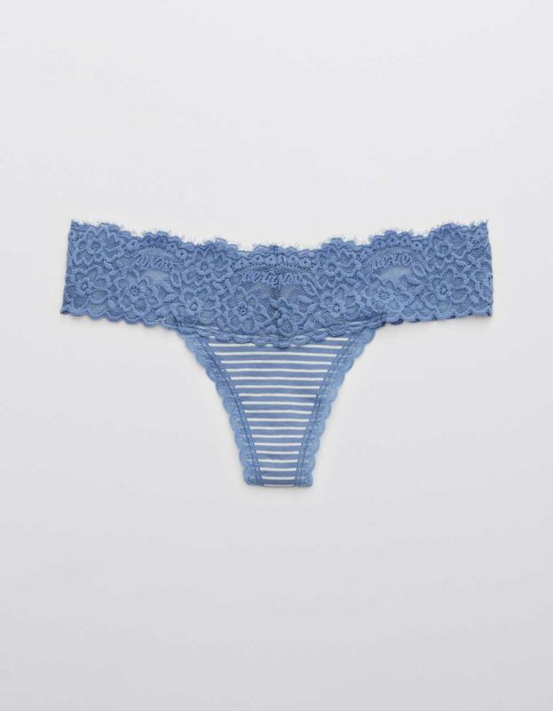 Aerie Cotton Eyelash Lace Striped Thong Underwear - Coast, S 