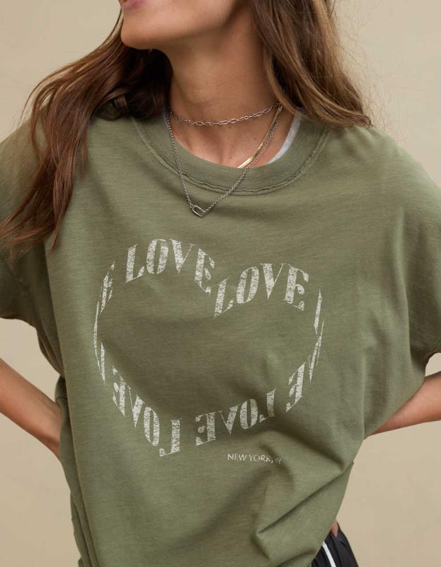 Aerie Oversized Graphic Boyfriend T-Shirt - Olive Fun, L 