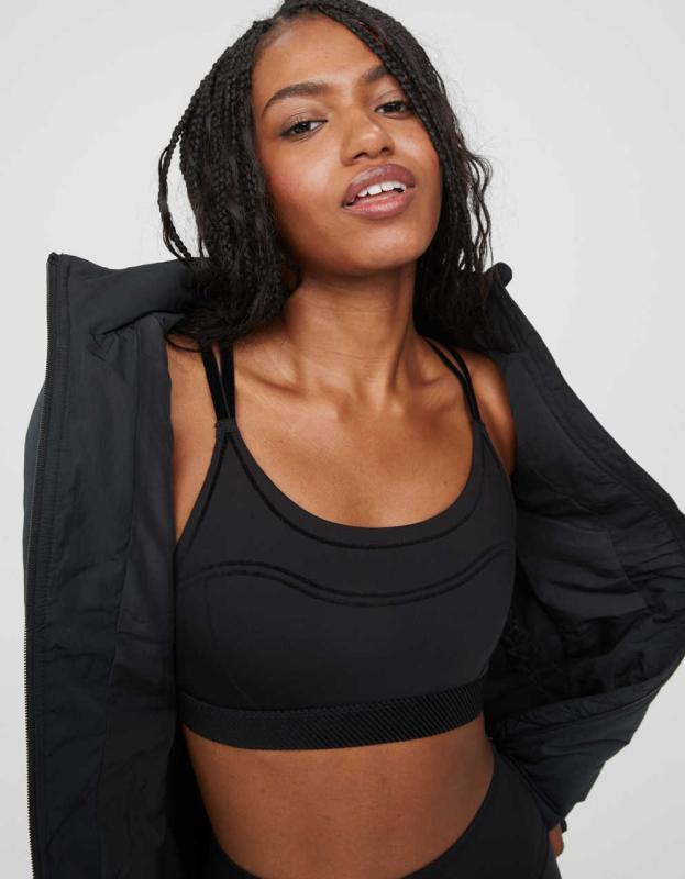 OFFLINE By Aerie Goals Velvet Trim Sports Bra - True Black, S 