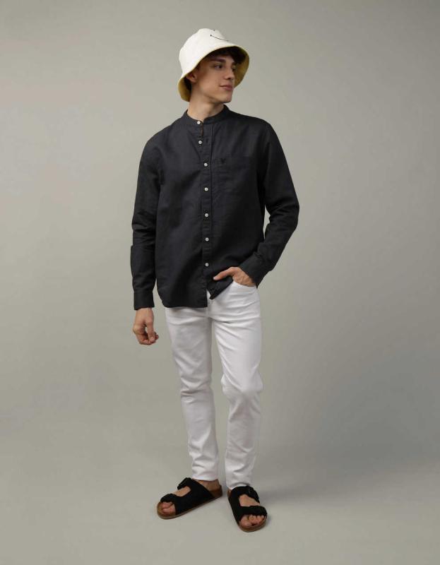AE Band Collar Linen-Blend Button-Up Shirt - Washed Black, XXL 