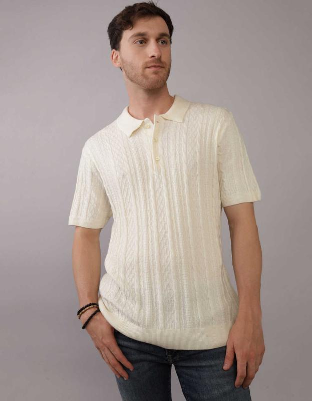 AE Textured Sweater Polo Shirt - Cream, XL 