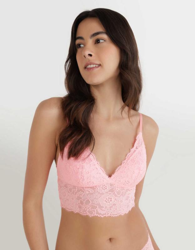 Show Off Eyelash Lace Padded Push Up Triangle Bralette - Shell Pink, L 