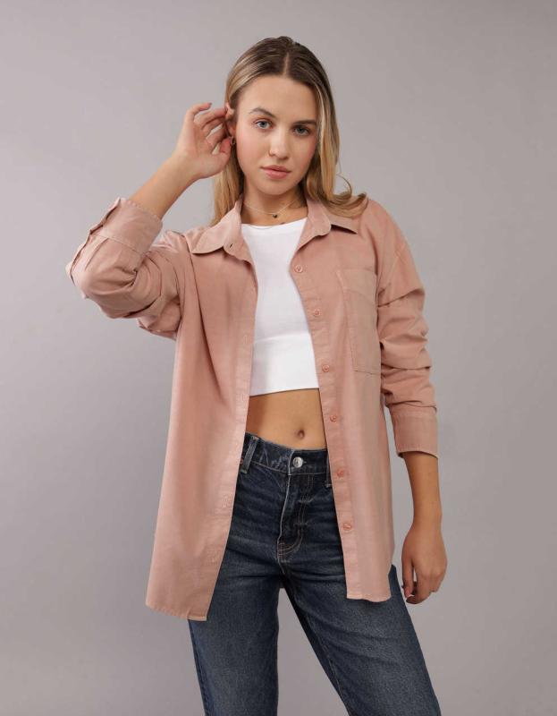 AE Perfect Button-Up Shirt - Pink, M 