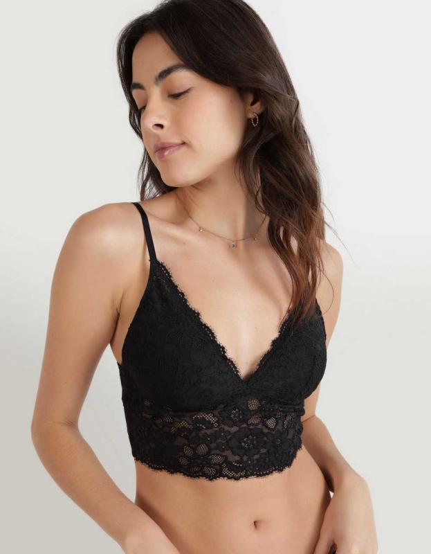 Show Off Eyelash Lace Padded Push Up Triangle Bralette - True Black, XS 