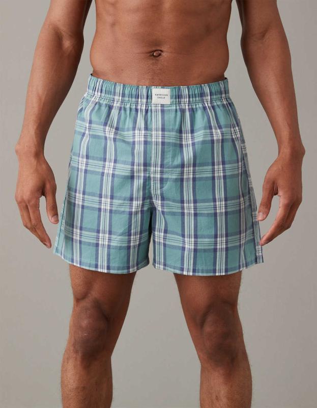 AEO Plaid Stretch Boxer Short - Bright Teal, S 
