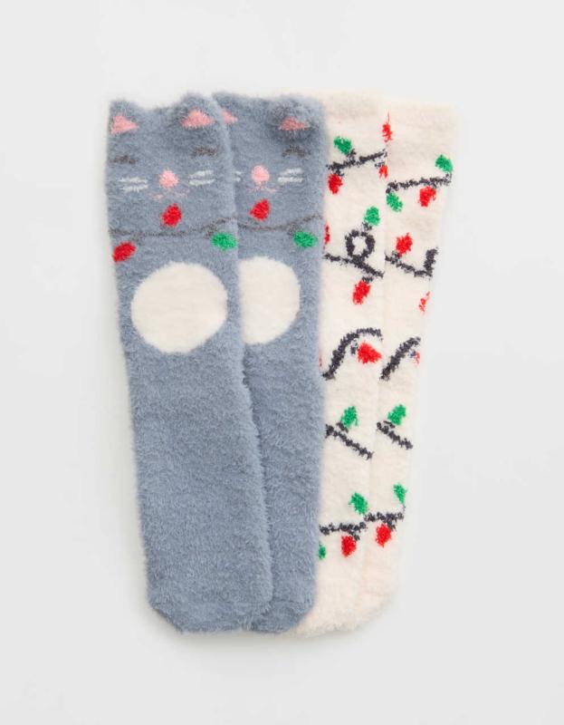 Aerie Fuzzy Holiday Crew Sock 2-Pack - Silver Shadow, One Size 
