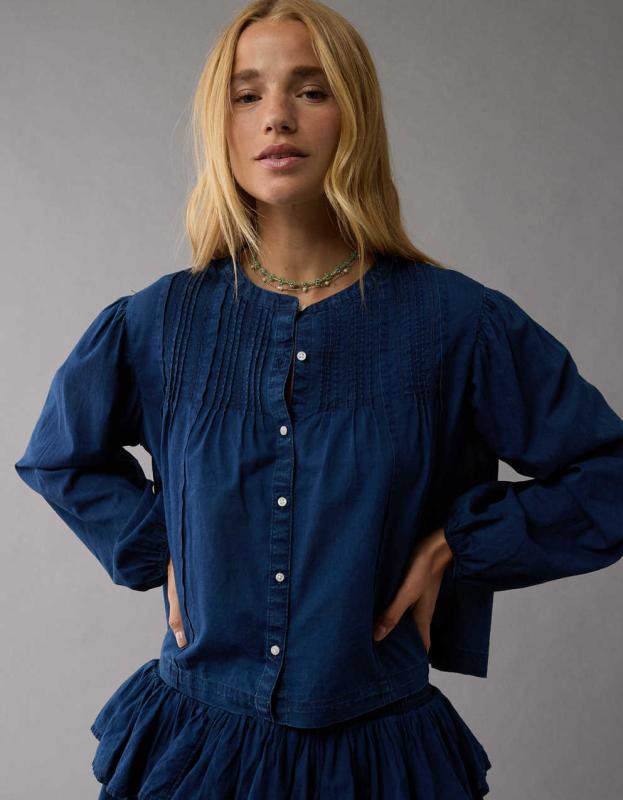 AE Pintucked Long-Sleeve Blouse - Dark Wash, L 