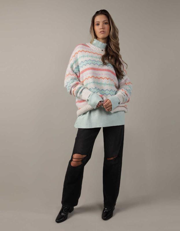 AE Oversized Fair Isle Crewneck Sweater - White, L 