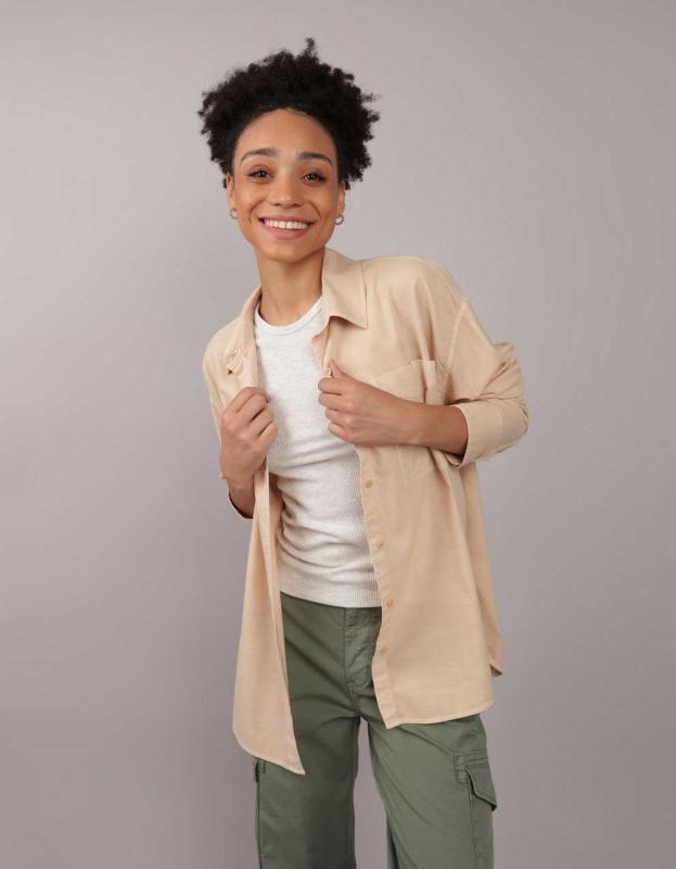 AE Perfect Button-Up Shirt - Tan, XXS 