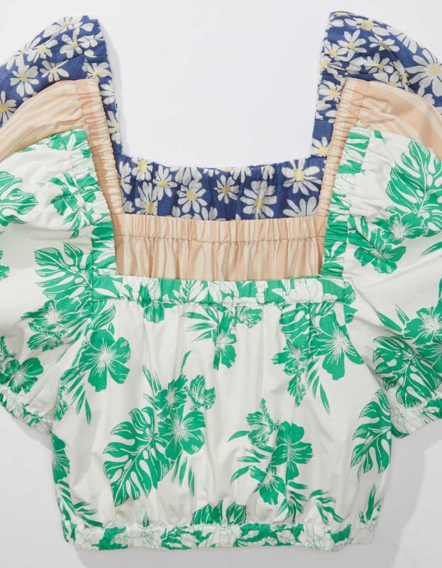 AE Puff-Sleeve Bubble Top - Green, M 