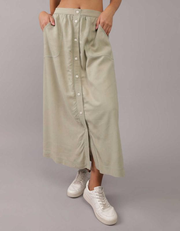 AE Button Front Midi Skirt - Faded Olive, L 