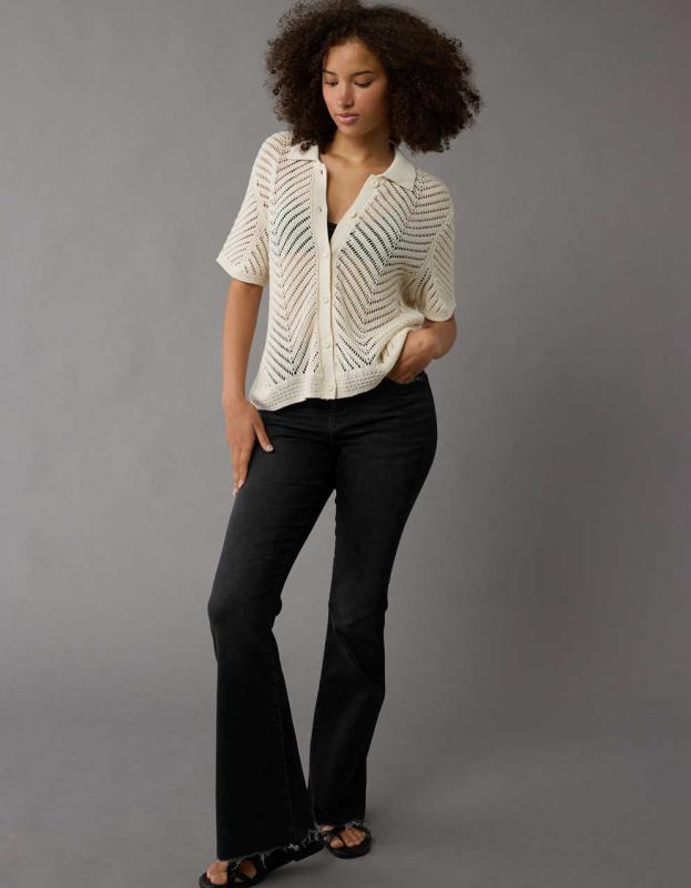 AE Oversized Button-Up Sweater Top - Cream, L 