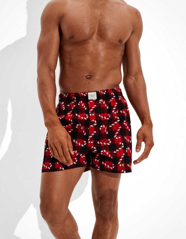 AEO Plaid Candy Canes Stretch Boxer Short - Burgundy, XS 