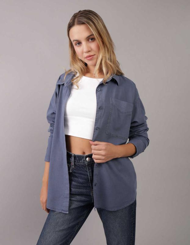 AE Perfect Button-Up Shirt - Navy, M 