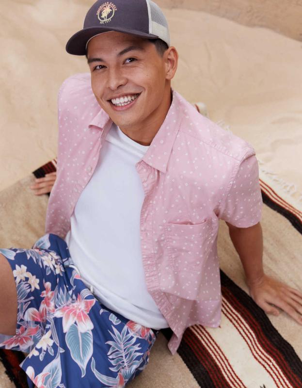 AE Micro Dot Button-Up Resort Shirt - Pink Punch, L 