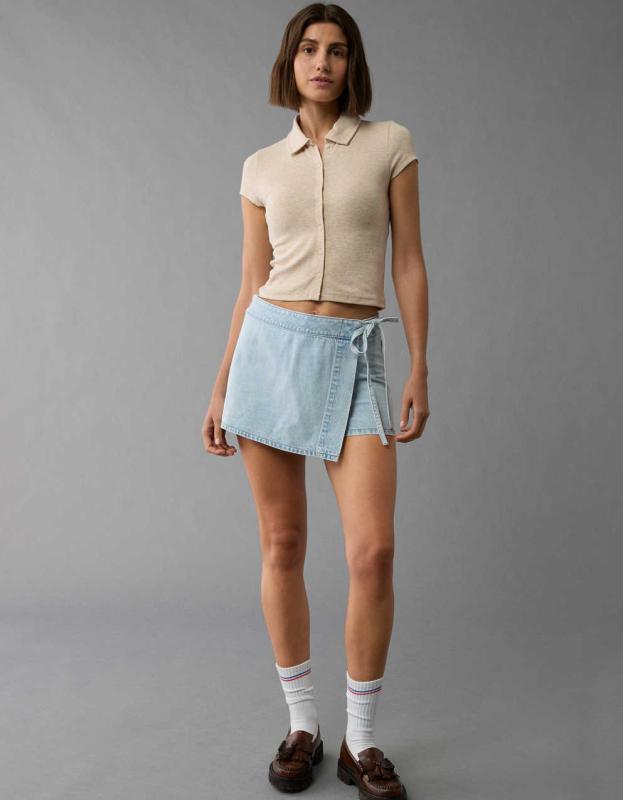 AE Collared Button-Up T-Shirt - Oatmeal Heather, XXS 