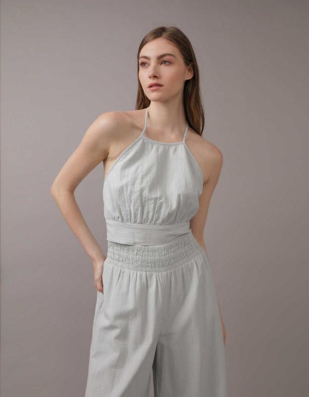 AE Cropped Tie-Back Halter Top - Blue, M 