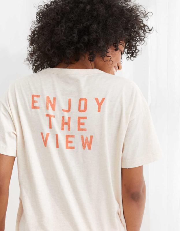 Aerie Distressed Graphic Oversized Boyfriend T-Shirt - Heather Frost, XXS 