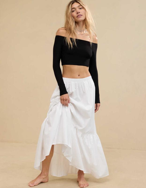 Aerie Poplin Tiered Maxi Skirt - White, M 