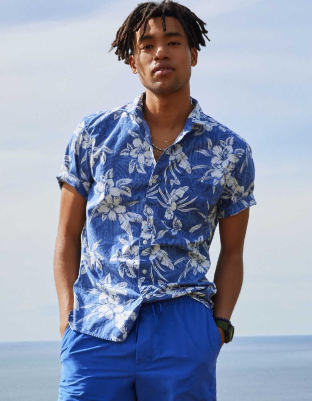 AE Tropical Button-Up Resort Shirt - Classic Blue, XS 