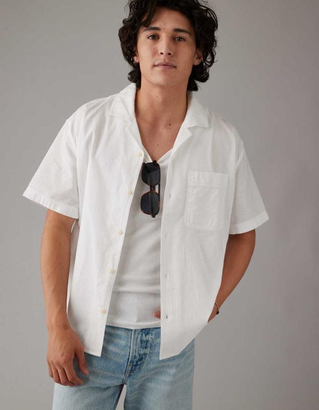 AE Waffle Button-Up Poolside Shirt - Fresh White, XS 