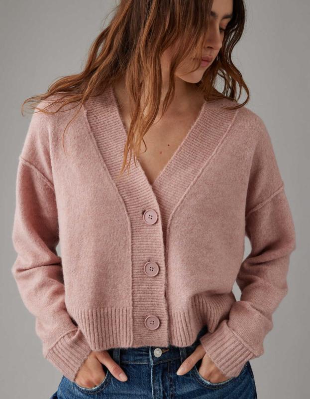 AE Whoa So Soft Cropped Button-Front Cardigan - Light Pink, S 
