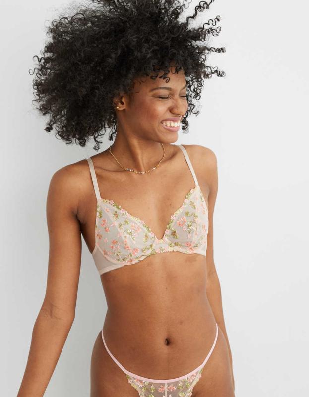 Aerie Real Power Unlined Embroidery Bra - Sandalwood, 80A 