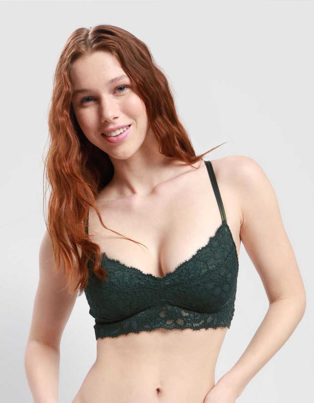 Show Off Eyelash Lace Push Up Bralette - Deep Forest Green, S 