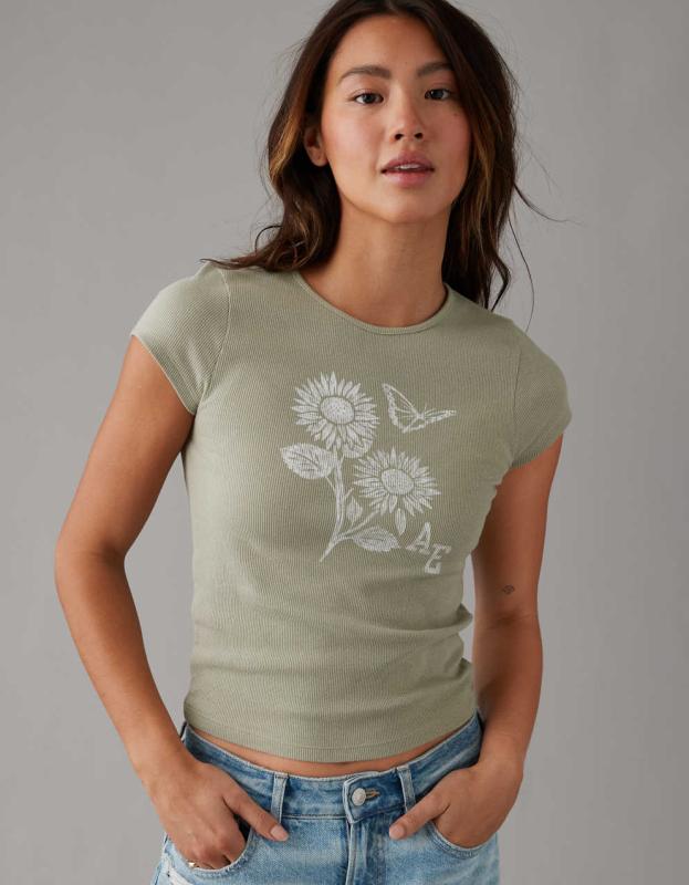 AE Hey Baby Ribbed T-Shirt - Olive, XS 